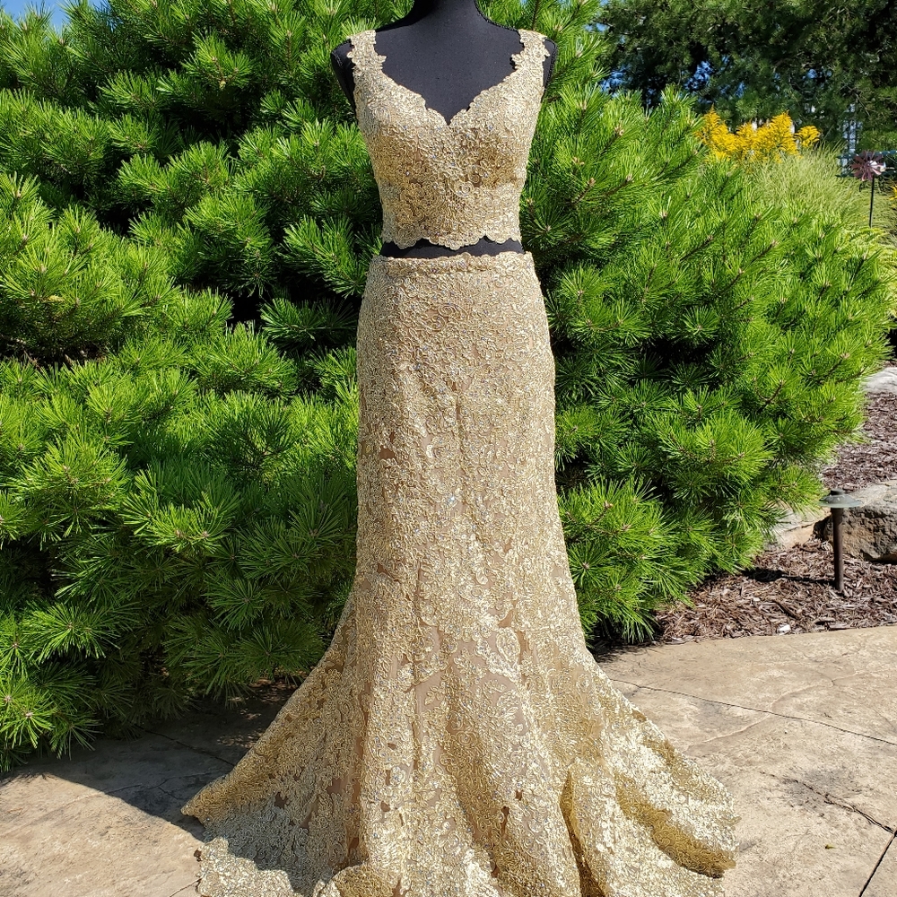 Sherri Hill Glittering Gold Two-Piece Prom Dress